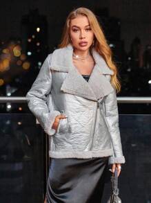 Aveloria 絨布teddy大翻領長袖女式外套 - 銀色 - 查看 5