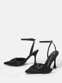 Valentine's Heart & Bow Accent Women High Heel Dress Shoes - Black - View 1