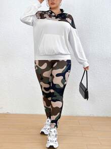 Flirla Plus Camo Print Colorblock Sweatshirt & Sweatpants Fall Cloth For Women - Army Green - View 4