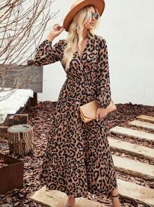 SHEIN VCAY Leopard Print Lantern Sleeve Ruffle Hem Dress - Khaki - View 6