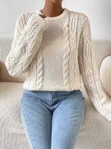 Chiquease Cable Knit Drop Shoulder Sweater Knit Pullover Fall Winter Outfit - Beige - View 5