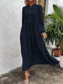 SHEIN Clasi 純色紐帶裝飾荷葉邊連身裙 - 藏蓝色 - 查看 3