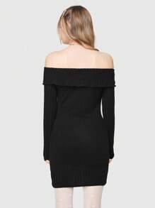 ROMWE Kawaii Quý cô Off-shoulder Màu thuần Đầm - màu đen - Xem 6