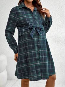 SHEIN Maternity Plaid Belted Dress - Navy Blue - View 3