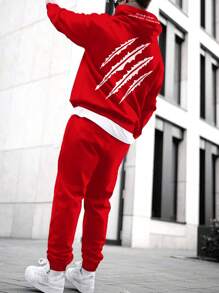 Manfinity Homme 男士刮纹抽绳连帽衫和运动裤两件套，男士红色两件套运动服，男士连帽衫和慢跑裤套装，红色运动服套装，男士运动服，秋季服装 - 紅色 - 查看 2
