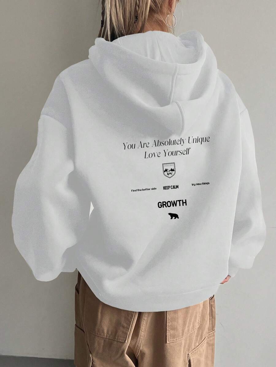 DAZY Slogan Graphic Drop Shoulder Drawstring Hoodie,Long Sleeve Tops,Fall Women Clothes Sweatshirt - White - View 1