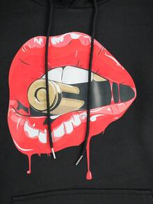 SHEIN EZwear Women's Mouth Print Drawstring Hooded Fleece Sweatshirt - Black - View 7