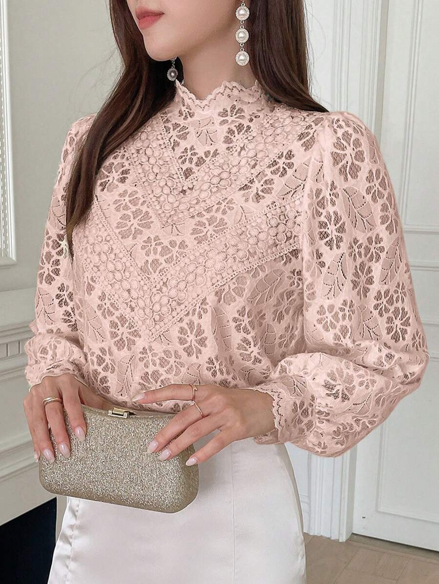 DAZY Stand Collar Puff Sleeve Shirt Long Sleeve Top - Pink - View 1