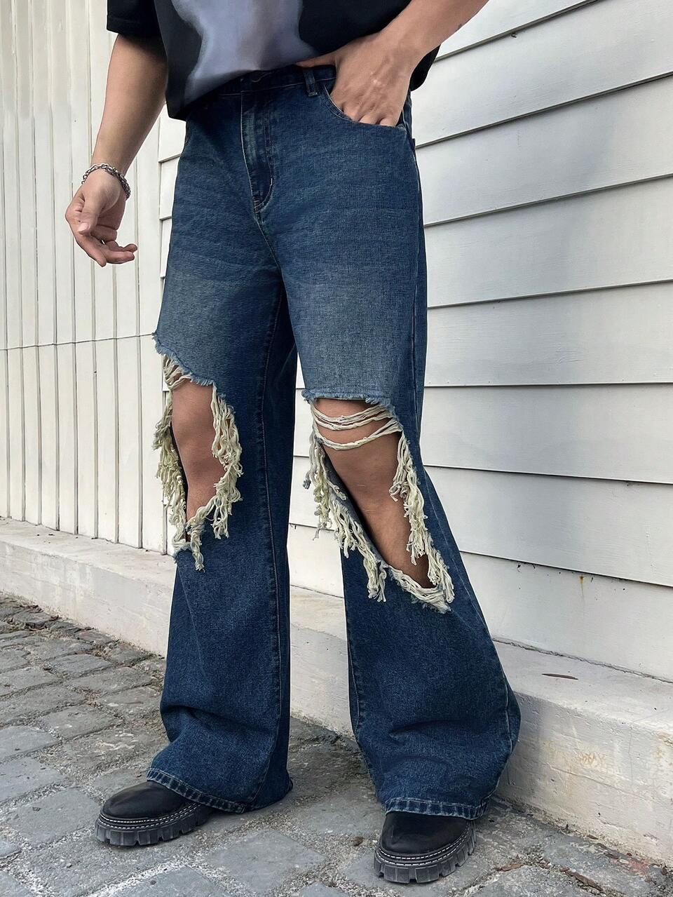 Men's Distressed Wide Leg Jeans With Washed Effect