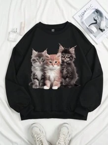 SHEIN EZwear 大碼貓印花落肩袖保暖衛衣 - 黑色 - 查看 1