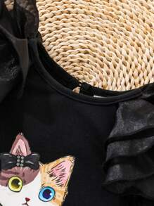 SHEIN Baby Girls' Cute Cat Pattern Short Flutter Sleeve Long Sleeve Dress - Black - View 6