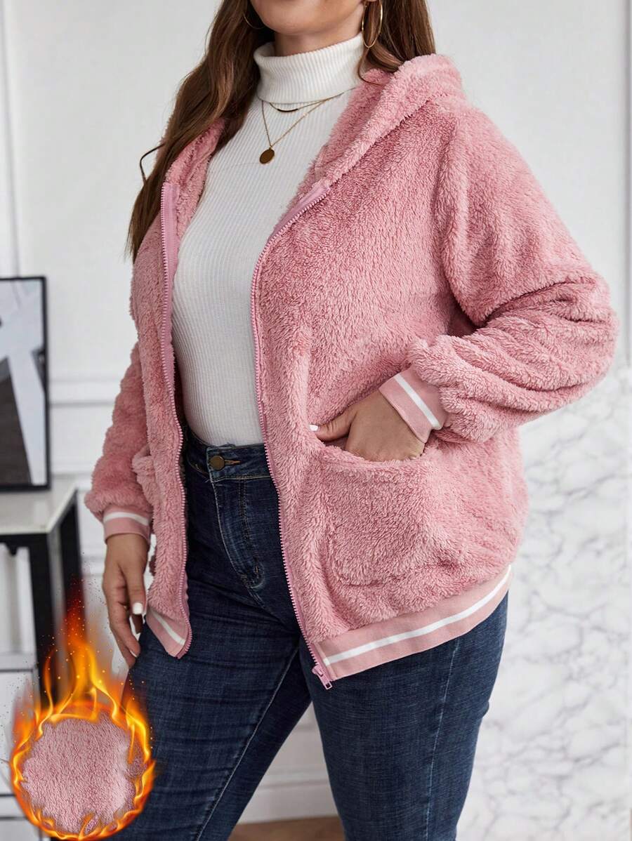 SHEIN LUNE 大碼雙口袋連帽毛絨夾克 - 彩色 - 查看 1