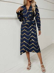 SHEIN Clasi Gold Chevron Print Knot Side Wrap Dress - Navy Blue - View 6
