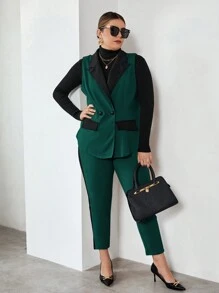 SHEIN Essnce Plus Two Tone Vest Blazer & Pants Without Tee - Dark Green - View 4