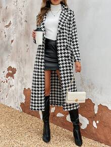 Chiquease Houndstooth Print Lapel Neck Overcoat - Apricot - View 6