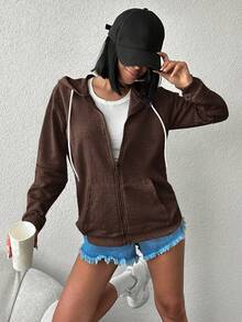 EURMUSE Solid Color Drawstring Zip-up Hoodie - Brown - View 6