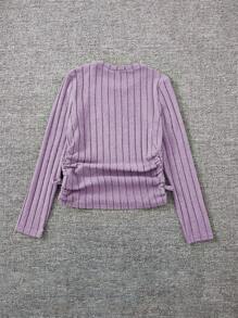 SHEIN Áo thun dài tay cổ tròn cổ điển có nếp gấp bên hông cho bé gái Tween - Màu tím - Xem 2