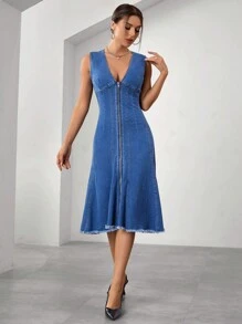 SHEIN Essnce 女士性感修身高腰無袖牛仔裙 - 中等水洗藍 - 查看 3
