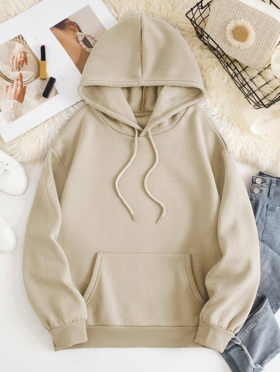 SHEIN EZwear Màu thuần Áo nỉ có mũ - Màu be - Xem 1