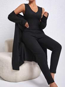 Women'S Solid Color Ribbed Home Clothing Set - Black - View 1