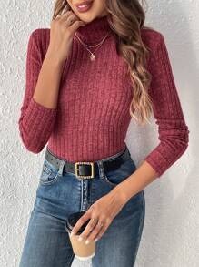 SHEIN Frenchy Camiseta de cuello tortuga tejido de canalé - Burdeos - Ver 6