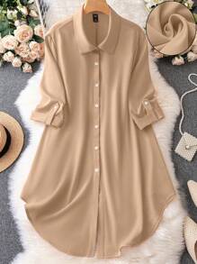 SHEIN Clasi Plus Size Women's Solid Color Buttoned Half Sleeve Dress With Turn-Down Collar Fall Cloth For Women - Khaki - View 5