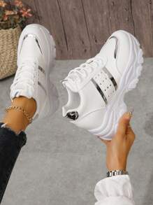 Women's Round Toe Lace-up Color Block White Sneakers With Campus Style Wedge Heel And Thick Sole