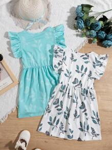 SHEIN Abito A Stampa A Foglia Con Orlo A Sbuffo Per Ragazza Giovane, 2 Pezzi - Multicolore - Visualizzare 2
