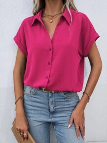 SHEIN LUNE Blusa De Manga Corta Con Alas De Murciélago Para Mujer - Rosa Fucsia - Ver 7