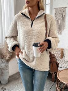 SHEIN LUNE Women'S Drop Shoulder Teddy Sweatshirt - Apricot - View 4