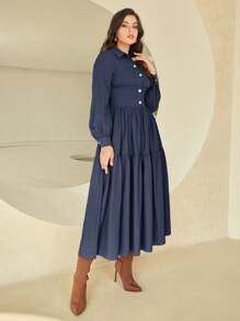 Mulvari Tay áo lồng đèn Xù Hoa Sen Váy sơ mi - Màu xanh hải quân - Xem 3