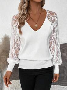 SHEIN Frenchy Ren tương phản Tay Raglan Áo len - trắng - Xem 3