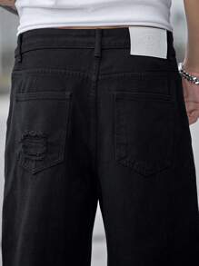 Manfinity EMRG Men Cotton Ripped Raw Hem Denim Shorts Plain Denim Jorts Vacation Baggy Black Denim Shorts, For Husband, Boyfriend Gifts