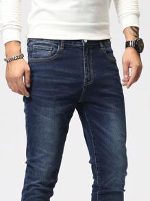 Manfinity Homme Men's Washed Slim-Fit Jeans, Plain Dark Blue Slim Fit Long Dark Wash Jeans Washed Cargo Jeans, For Husband, Boyfriend Gifts - Dark Wash - View 5