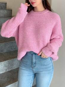 DAZY Áo len cổ tròn tay trễ vai màu trơn, áo dài tay mùa thu - Hồng - Xem 8