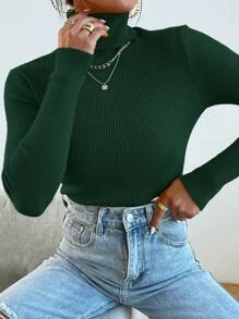 Mulvari Solid Color Turtleneck Sweater,Long Sleeve Tops Knit Pullover Fall Winter Sweater - Dark Green - View 3