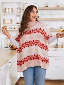 Calvaya Plus 1pc Geo & Elk Pattern Turtleneck Batwing Sleeve Sweater Knit Pullover Fall Winter Sweater - Multicolor - View 6