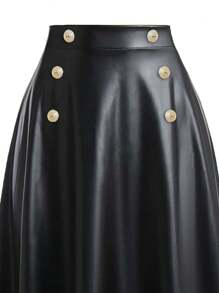 SHEIN LUNE Plus Button Detail PU Leather Flare Skirt - Black - View 3