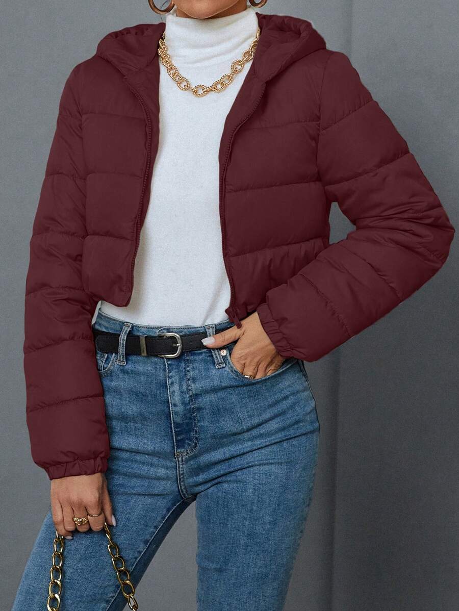 SHEIN EZwear Áo khoác đệm dày tay dài có khóa kéo phía trước màu trơn cho nữ, quần áo mùa đông - Màu Đỏ Sâu - Xem 1
