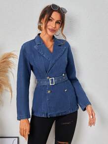 Belted Slim Fit Turn-down Collar Denim Jacket - Blue - View 3