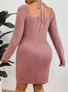 Allurite Của phụ nữ Kích thước lớn Xếp li Halter Neck Đầm - Màu nâu  Mocha - Xem 3