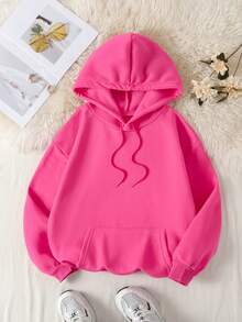 SHEIN EZwear 字母与汽车图案保暖内衬连帽衫 - 玫紅色 - 查看 2