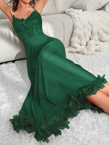 蕾絲邊繫帶細節網紗坎蒂夜店 - 墨綠色 - 查看 6