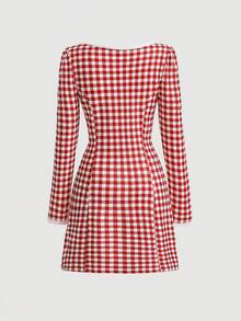SHEIN MOD Gingham Square Neck Dress - Red and White - View 2