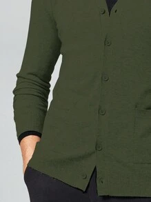 男士純色單排釦針織開襟衫 - 綠色 - 查看 3