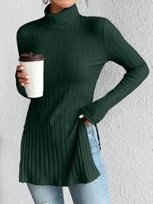 SHEIN Frenchy High-neck Slit Hem Knit Tee With Drop Shoulder Design - Dark Green - View 5