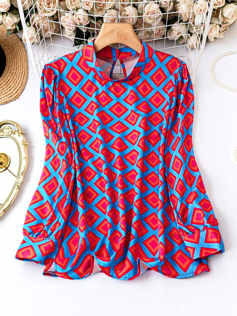 SHEIN Clasi Plus Allover Print Keyhole Back Blouse - Multicolor - View 1