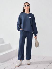 SHEIN 青少女字母拼接掉肩上衣和運動長褲 - 水鴨藍 - 查看 6