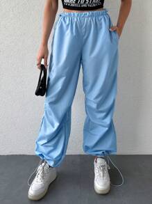 EURMUSE Solid Drawstring Waist and Hem Wind Pants - Royal Blue - View 1