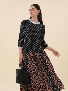 SHEIN Privé Polka Dot & Leopard Print Dress